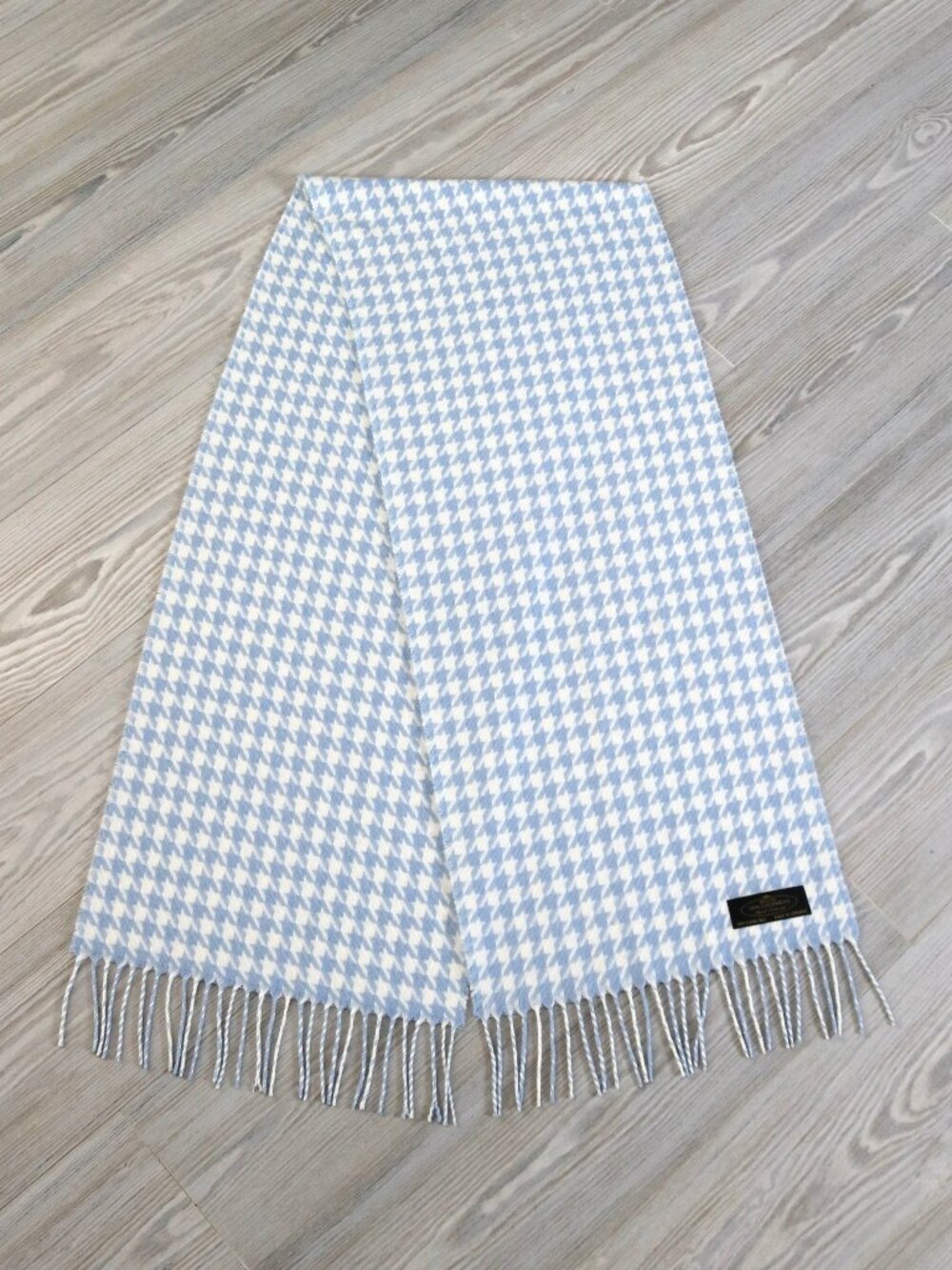 Cashmere Scarf with Fringe Azure Soft & Warm Houndstooth Made Germany 64" x 12"